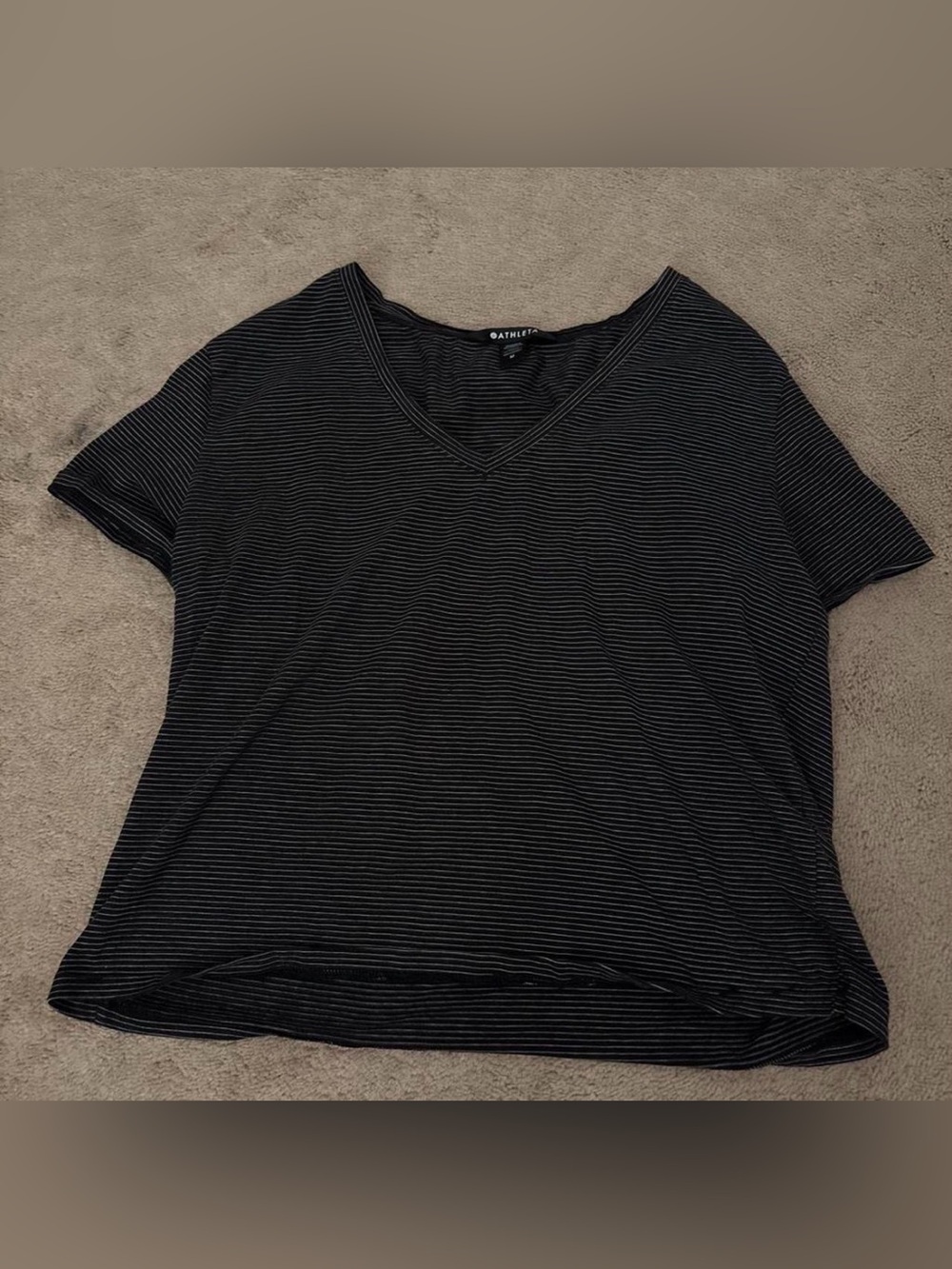 Athleta Black and White Striped V-Neck Short Sleeve Top